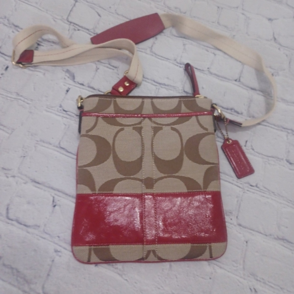 COACH Signature Canvas Crossbody with Red Patent Leather Trimq
